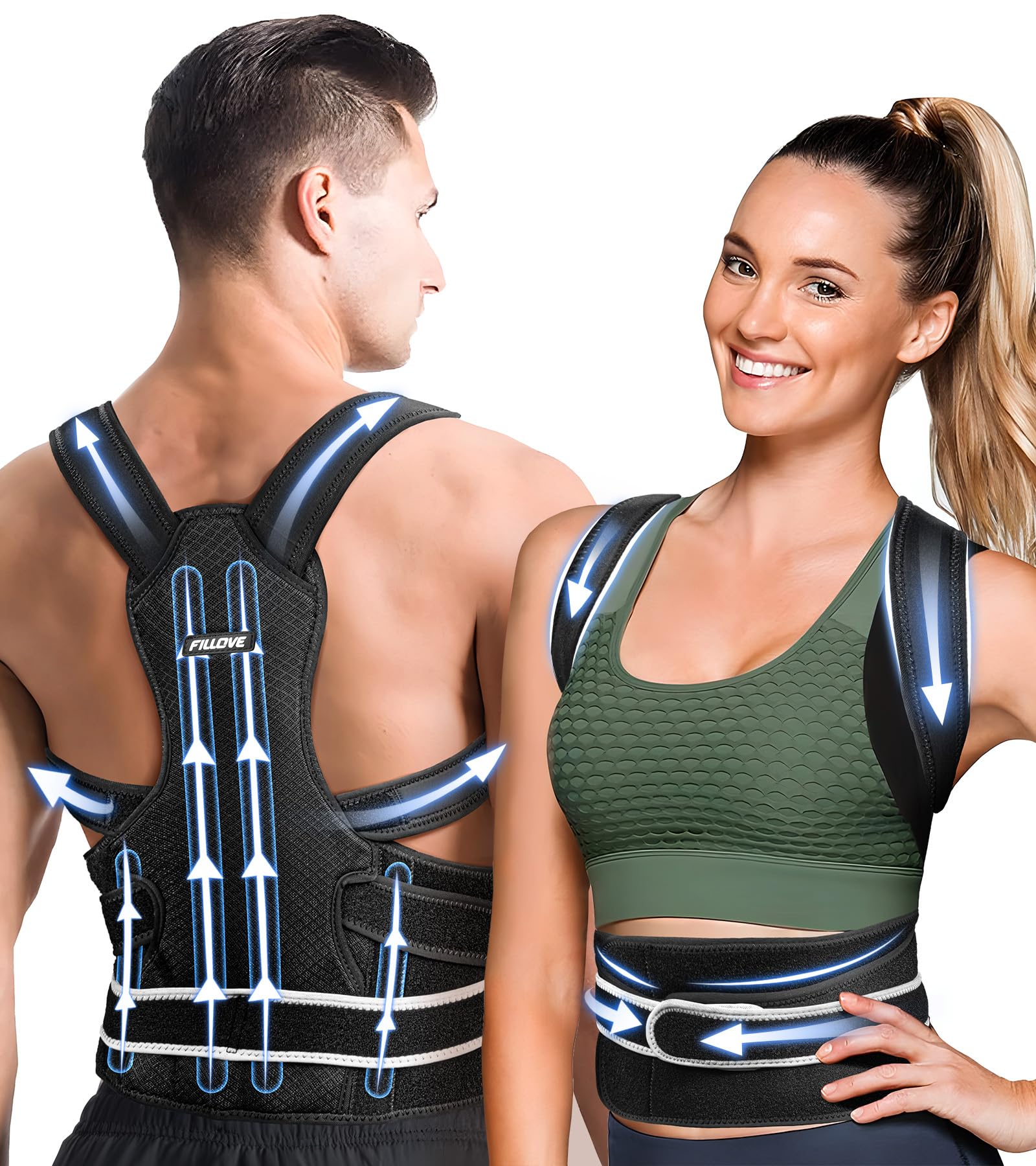 FILLOVE 4X Support Back Brace Posture Corrector for Women and Men with Magnetic Therapy Adjustable Full Back Straightener for Upper Lower Back Pain Relief Spine Scoliosis Hunchback Posture Corrector